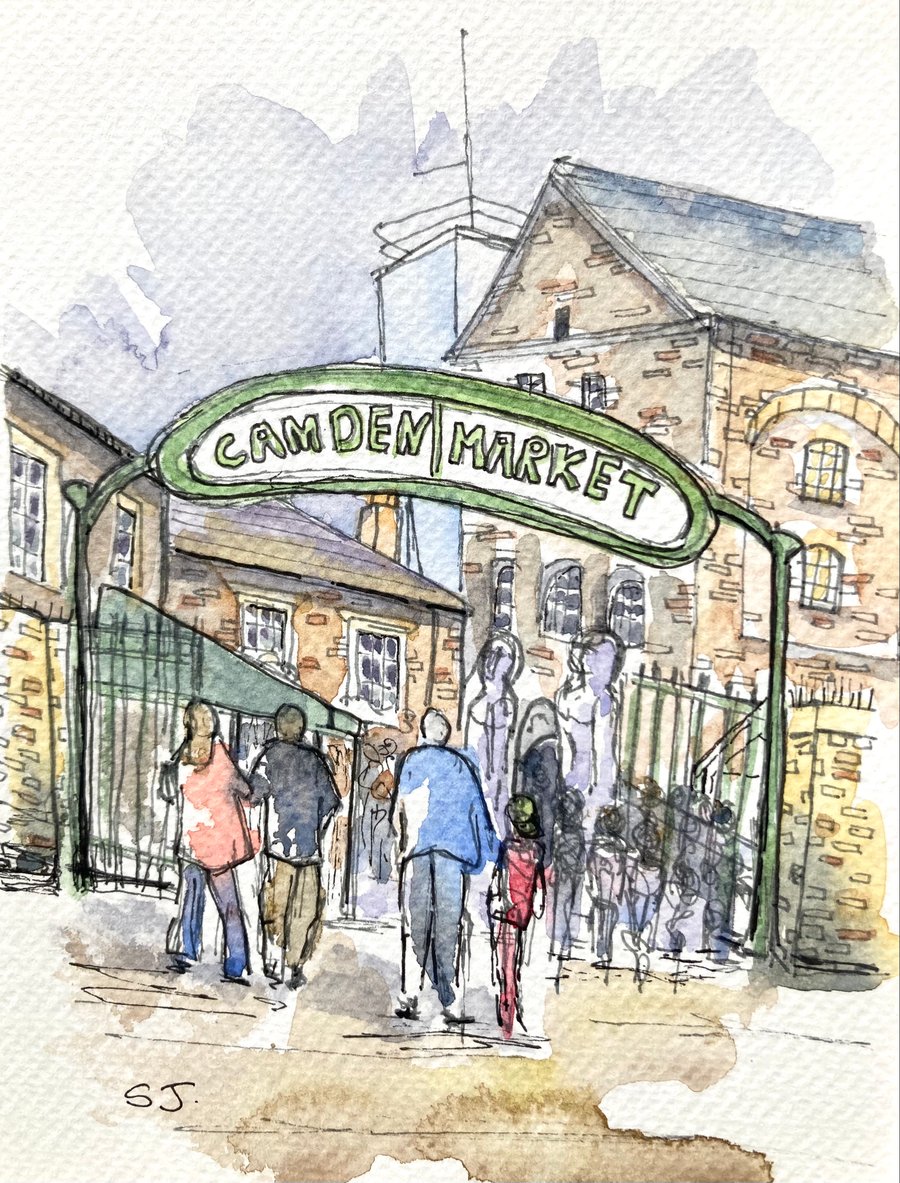 Original A5 watercolour of Camden Market London UK