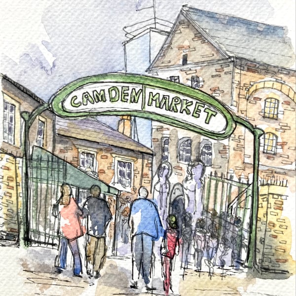 Original A5 watercolour of Camden Market London UK