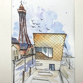 Original A4 Watercolour of Blackpool sea front Lancashire UK