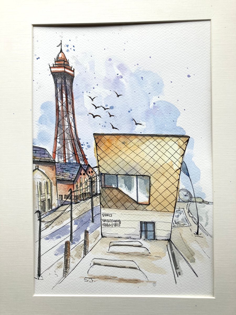 Original A4 Watercolour of Blackpool sea front Lancashire UK