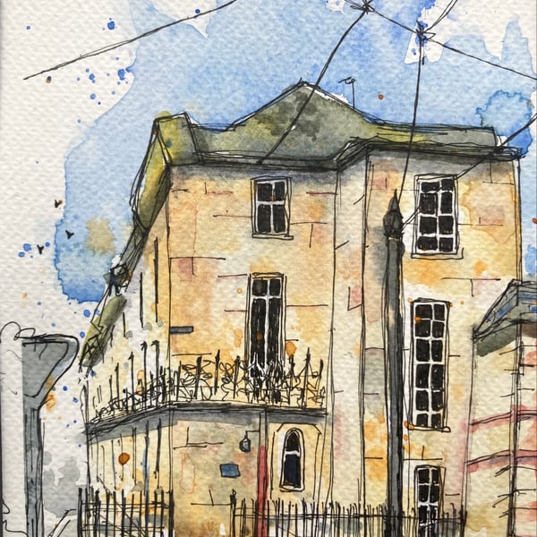 Original A5 watercolour of Georgian row in Fleetwood Lancashire urban sketch