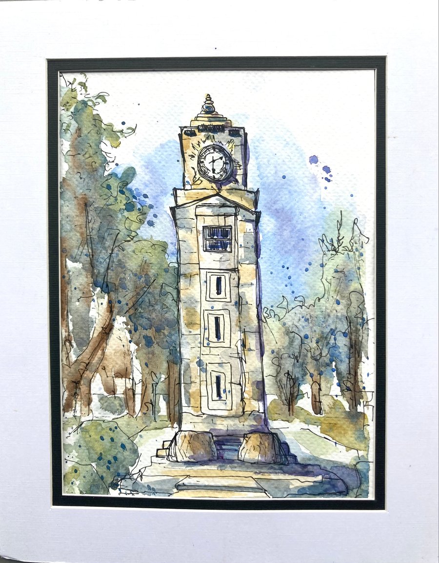 Original A5 Watercolour of the clock tower in Stanley Park Blackpool Lancashire 