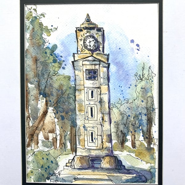 Original A5 Watercolour of the clock tower in Stanley Park Blackpool Lancashire 