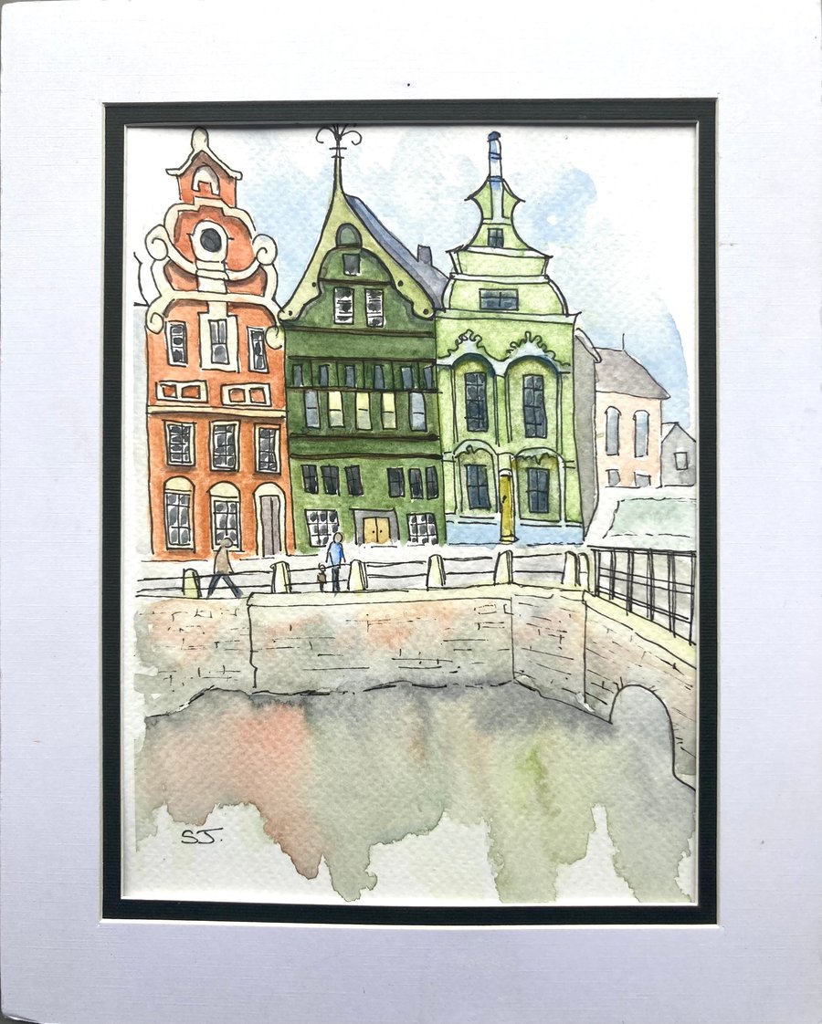Original A5 watercolour of houses on Haverwerf ( Oat Yard ) Mechelen Belgium 