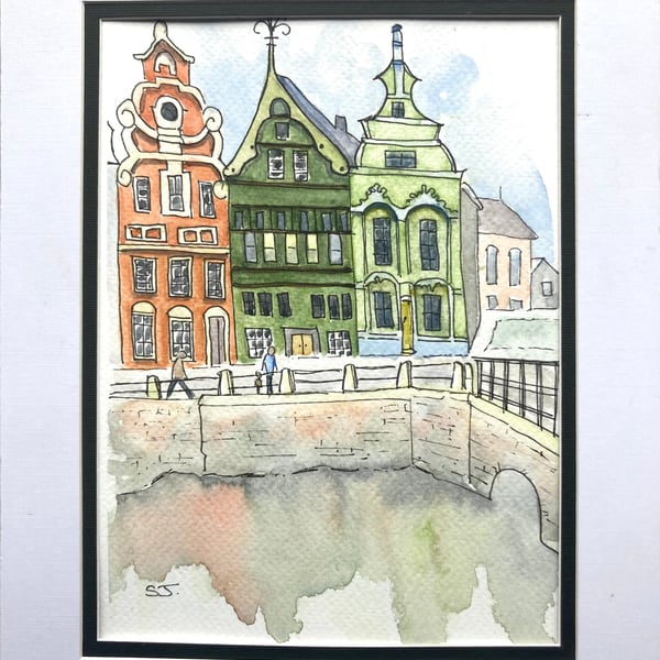 Original A5 watercolour of houses on Haverwerf ( Oat Yard ) Mechelen Belgium 