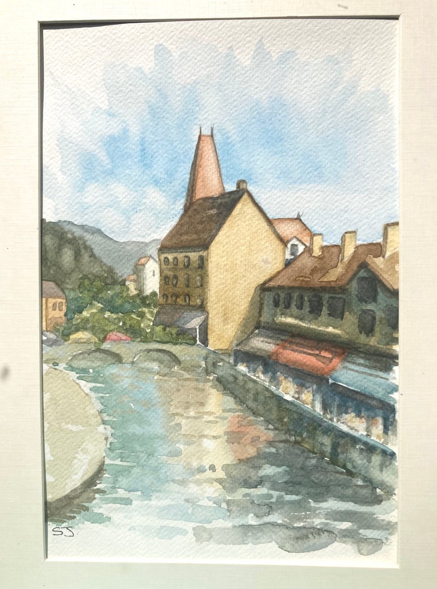 Original A4 watercolour of Annecy River Rone France alps
