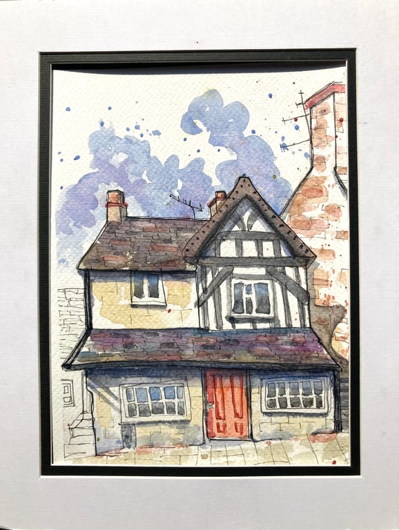 Original A5 watercolour of Cotswalds Tudor house England 
