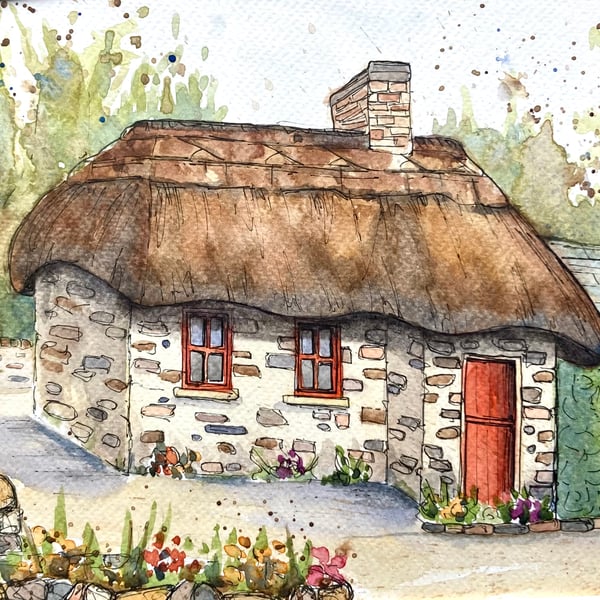 Watercolour art of Irish cottage, paintings of Ireland, landscape of Ireland  