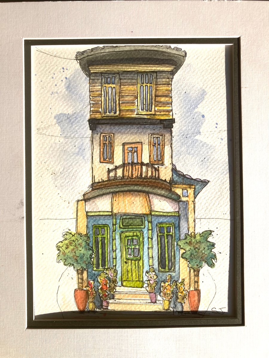 Original A5 Watercolour of a crooked house in Turkey urban sketch Europe