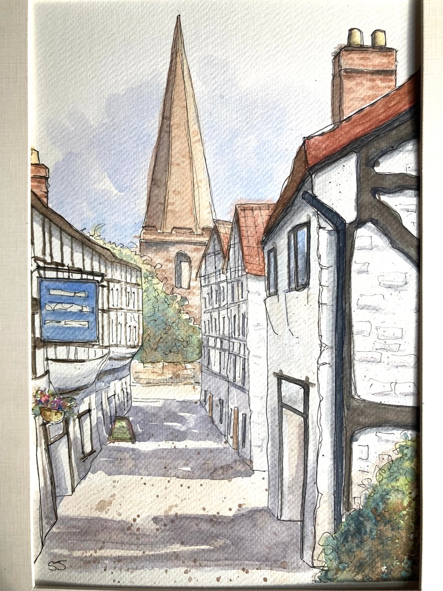 Original A4 watercolour of church lane Ledbury Herefordshire urban sketching
