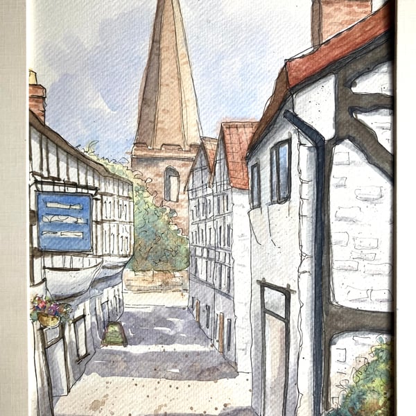 Original A4 watercolour of church lane Ledbury Herefordshire urban sketching