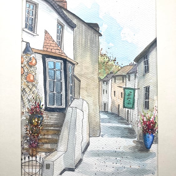 Original A4 watercolour of fisherman’s house in Polperro, Cornwall 