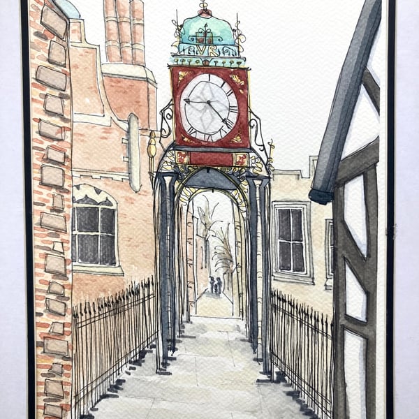 Original A4 Watercolour of Eastgate clockChester  England urban sketching