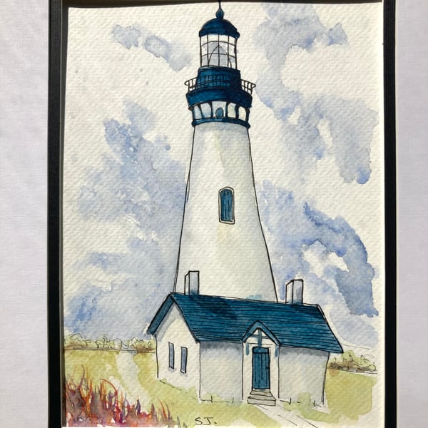 Original A5 Watercolour of blue lighthouse England urban sketching 