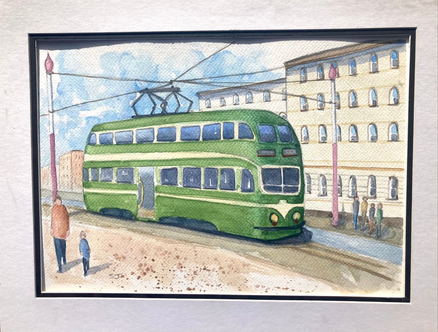 Original A4 Watercolour of Heritage green tram Blackpool promenade