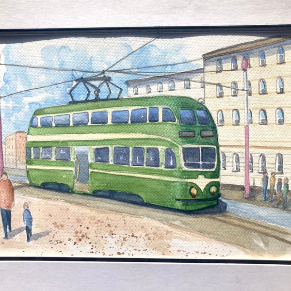 Original A4 Watercolour of Heritage green tram Blackpool promenade