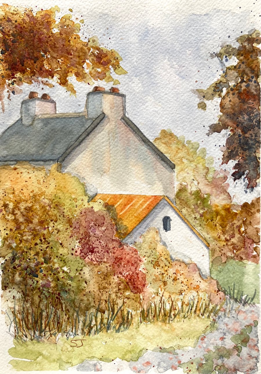 Original A4 Watercolour of Irish Farmhouse Autumn Fall landscape countryside 