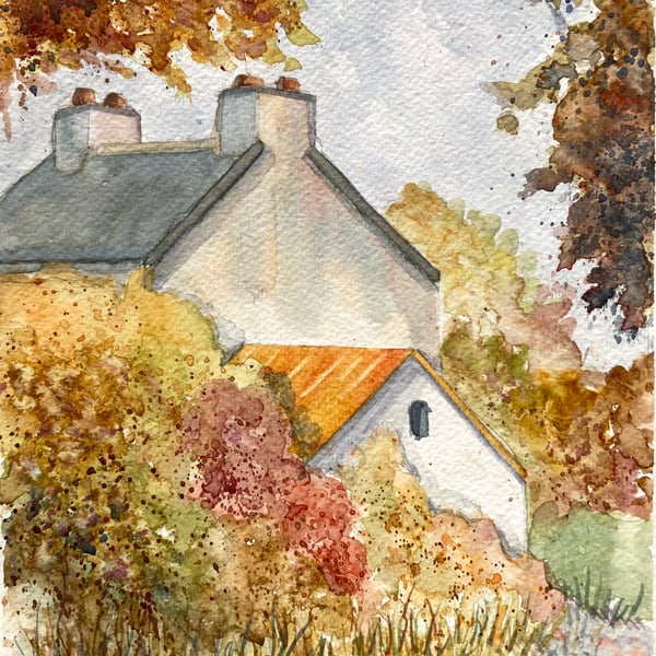 Original A4 Watercolour of Irish Farmhouse Autumn Fall landscape countryside 