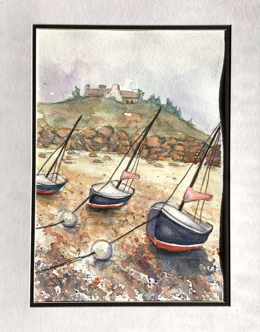 Original A4 Watercolour of boats moored on low tide on French Coast  seascape 