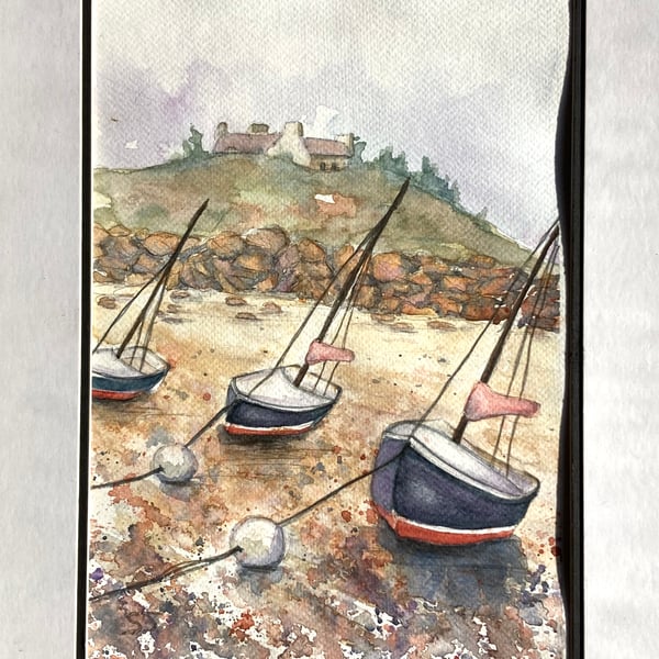 Original A4 Watercolour of boats moored on low tide on French Coast  seascape 