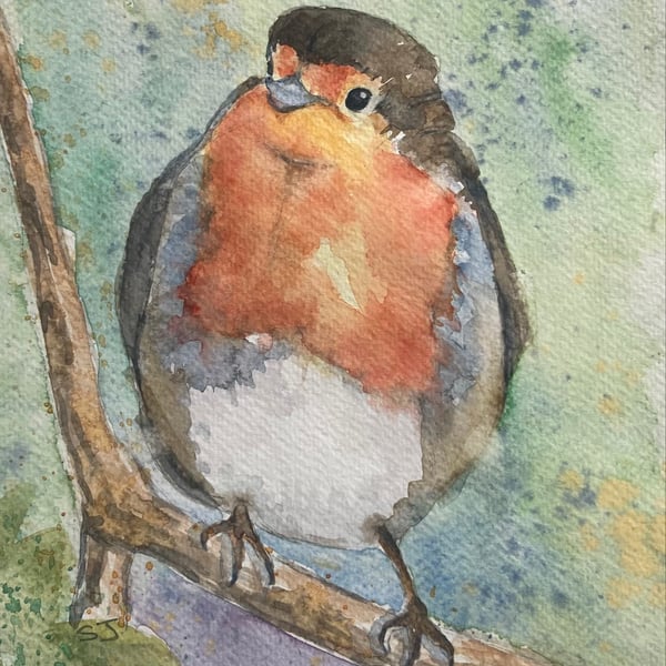 Original A4 Watercolour of a Robin on a branch British birds
