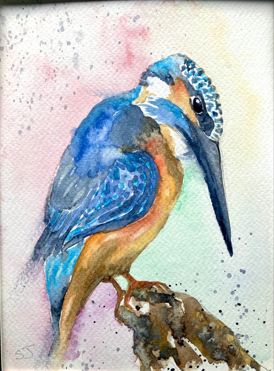 Original A5 watercolour of a Kingfisher bird painting river bird 