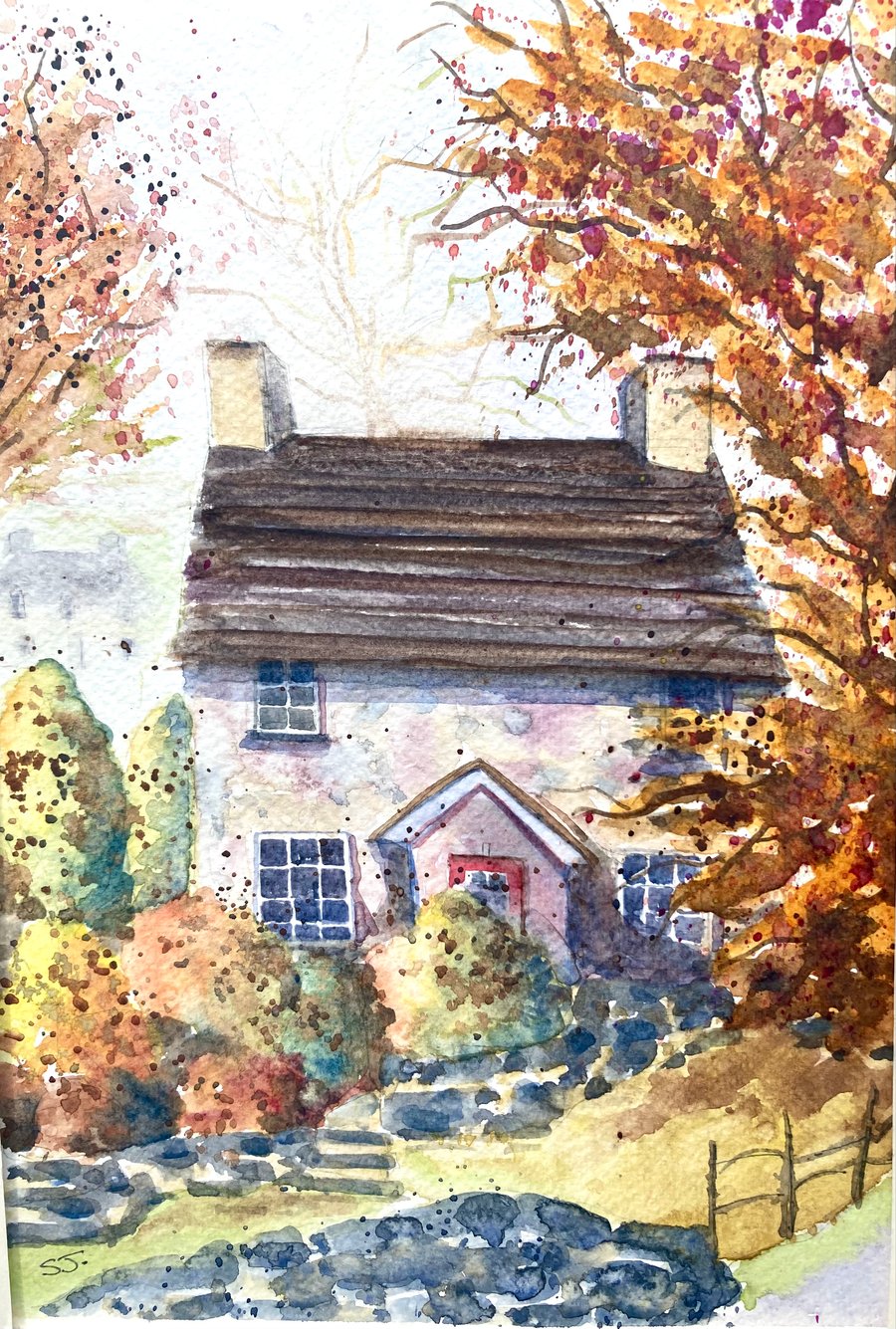Original A4 Watercolour of country cottage in the Lake District landscape of UK 