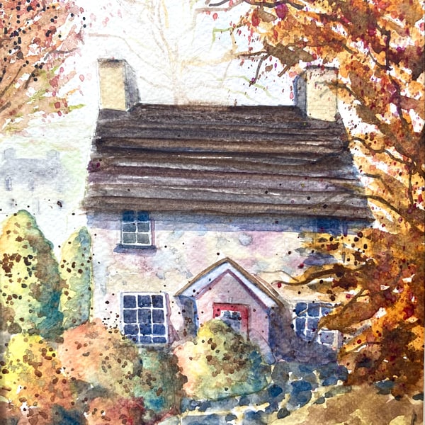 Original A4 Watercolour of country cottage in the Lake District landscape of UK 