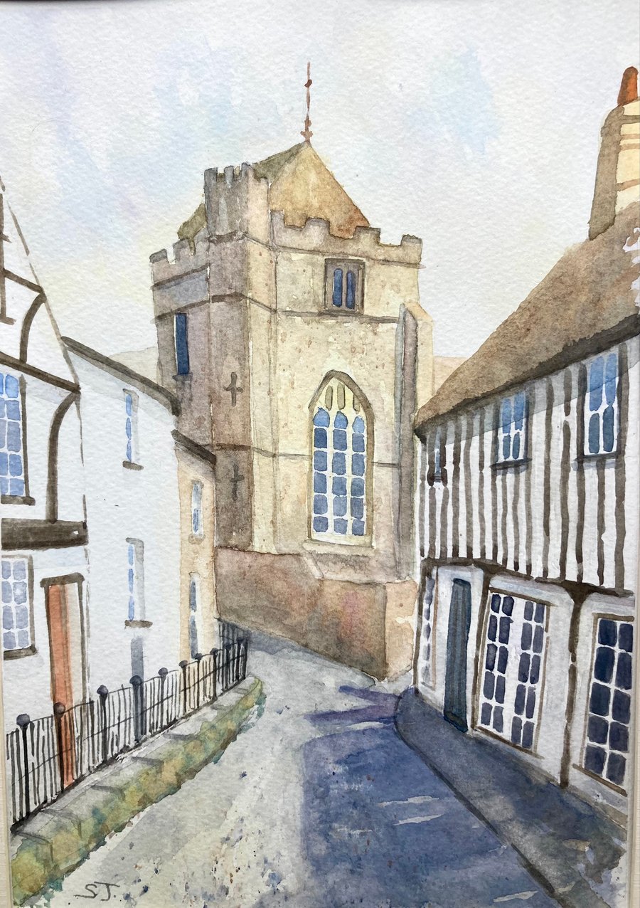 Original A4 watercolour of Old Town Hastings and St Clements church, Sussex. 