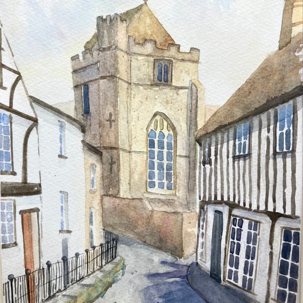Original A4 watercolour of Old Town Hastings and St Clements church, Sussex. 