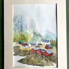 Original A4 watercolour of Hamnoy, Norway. Landscape of Fjords 