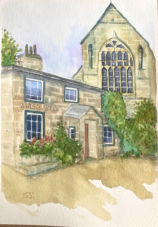 Original A4 Watercolour of Haworth Black Bull Yorkshire UK