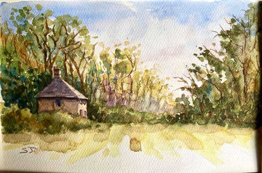 Original al A4 watercolour of Gatehouse in the country, English country scene UK