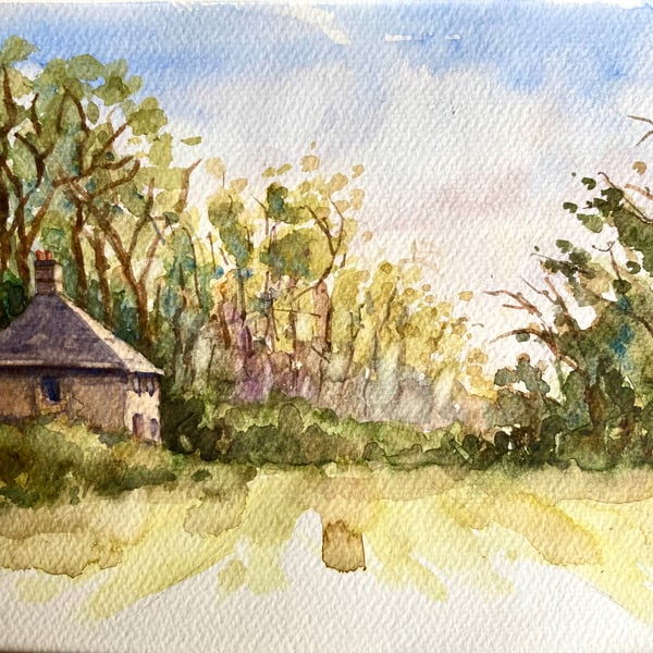 Original al A4 watercolour of Gatehouse in the country, English country scene UK