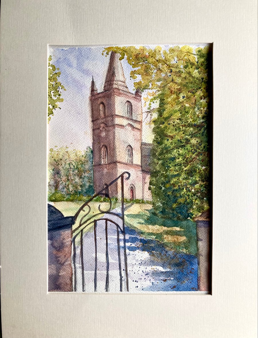 Original watercolour of Hillsborough Cathedral landscape of Northern Ireland A4
