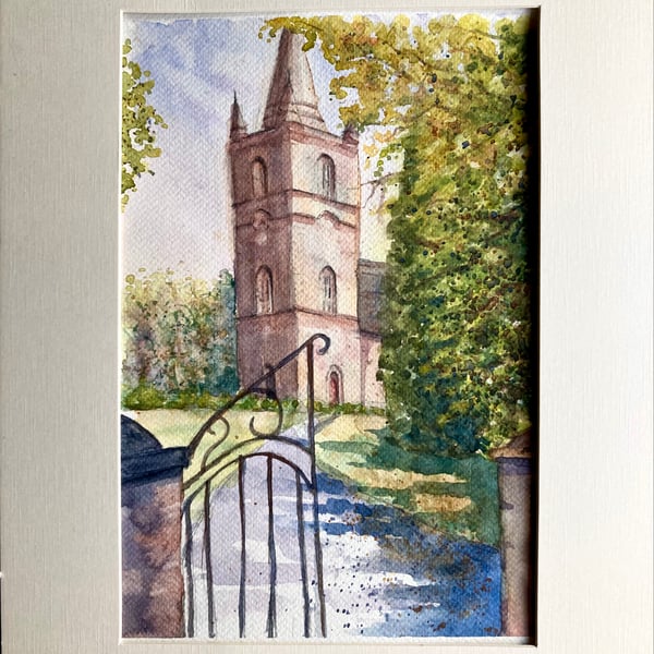 Original watercolour of Hillsborough Cathedral landscape of Northern Ireland A4