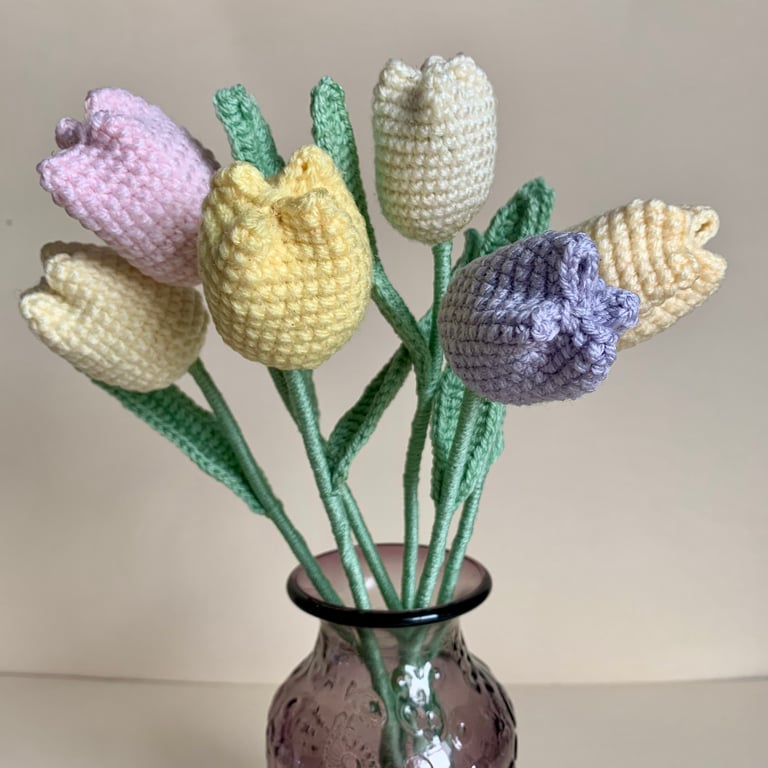 Crochet tulip bouquet, handmade pastel tulips, forever flowers, gift for her