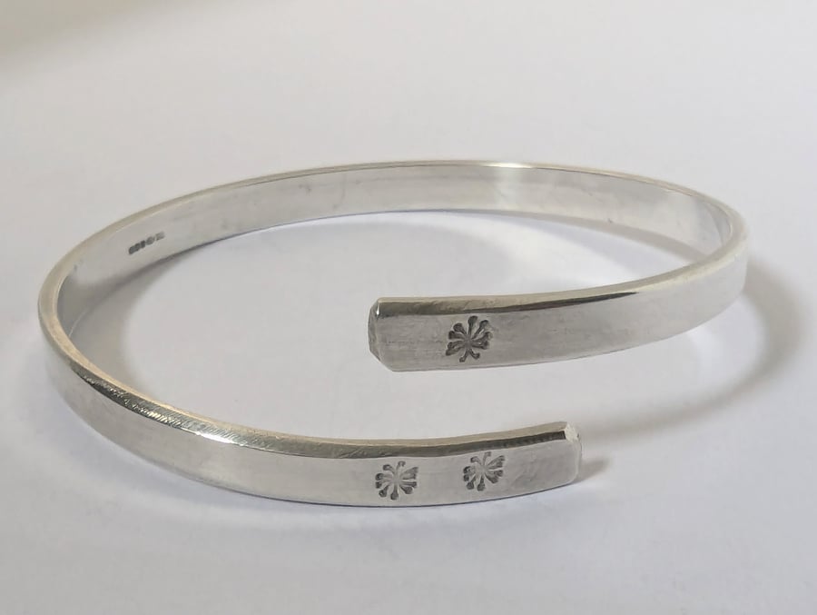Dandelion Bangle, Recycled Sterling Silver, Hand Stamped