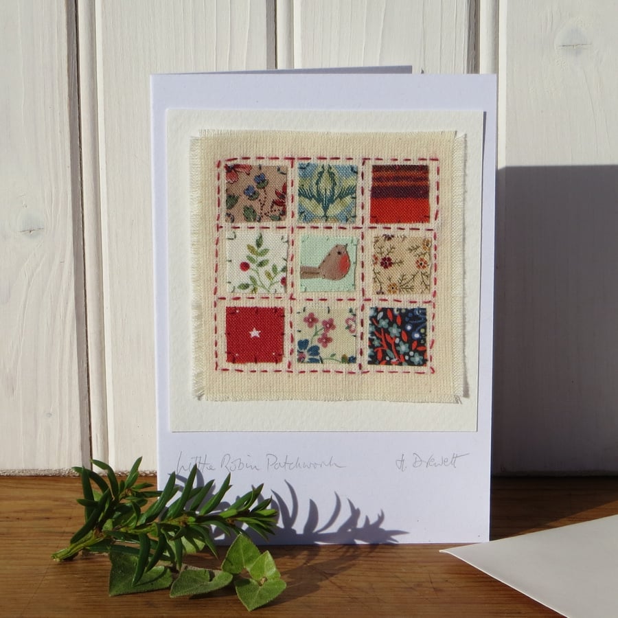 'Little Robin Patchwork'  little hand-stitched card with pretty cotton fabrics