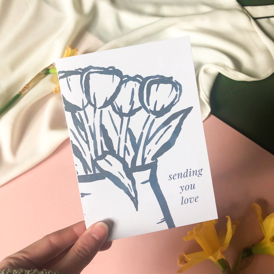 Sending You Love Vase of Tulips - Sympathy Card, Thinking of You, Blank A6 Card