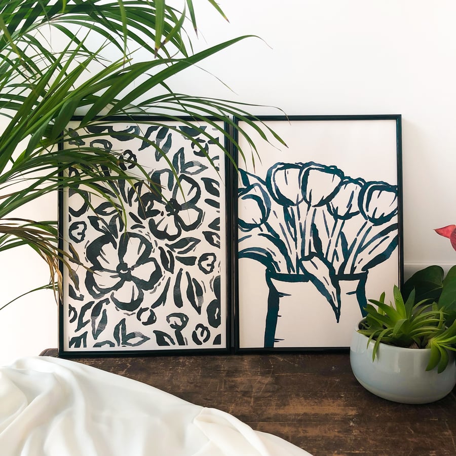 SET OF 2: Floral Prints, Ink A3 Artwork Camellia & Tulips Art Print