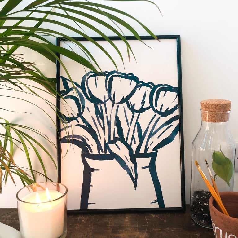 Tulips Ink Print A3 Spring Artwork Blue Flowers