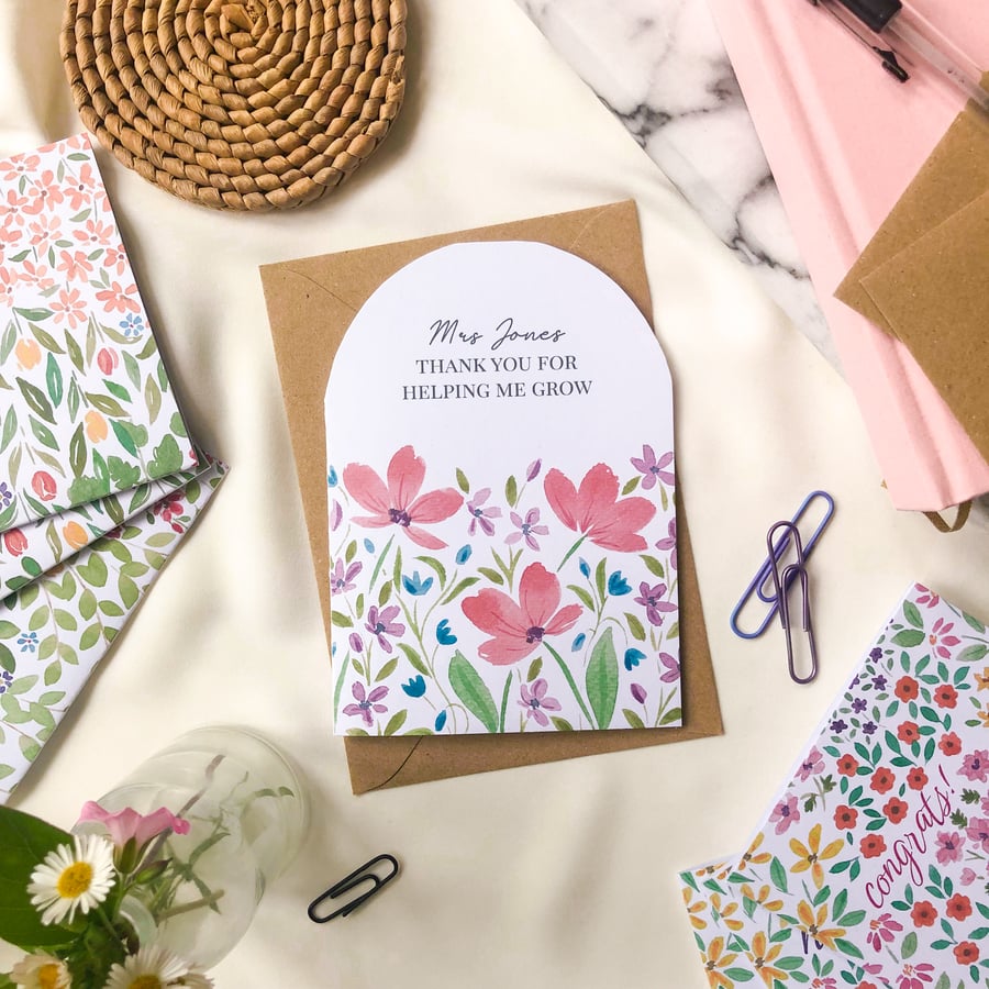 Thank You Teacher Card - Thanks For Helping Me Grow Greetings Card