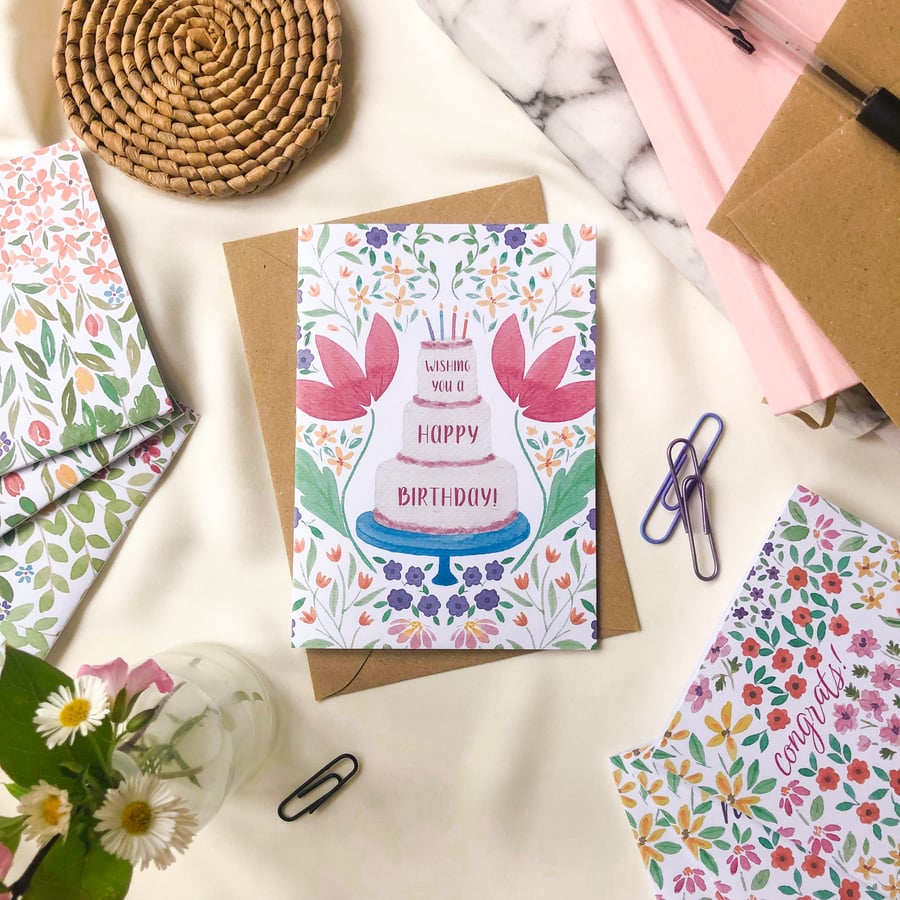 Wishing You A Happy Birthday - Floral Birthday Cake Card