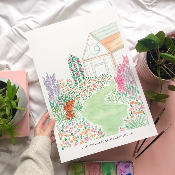 A3 Greenhouse Print, Watercolour Garden A4