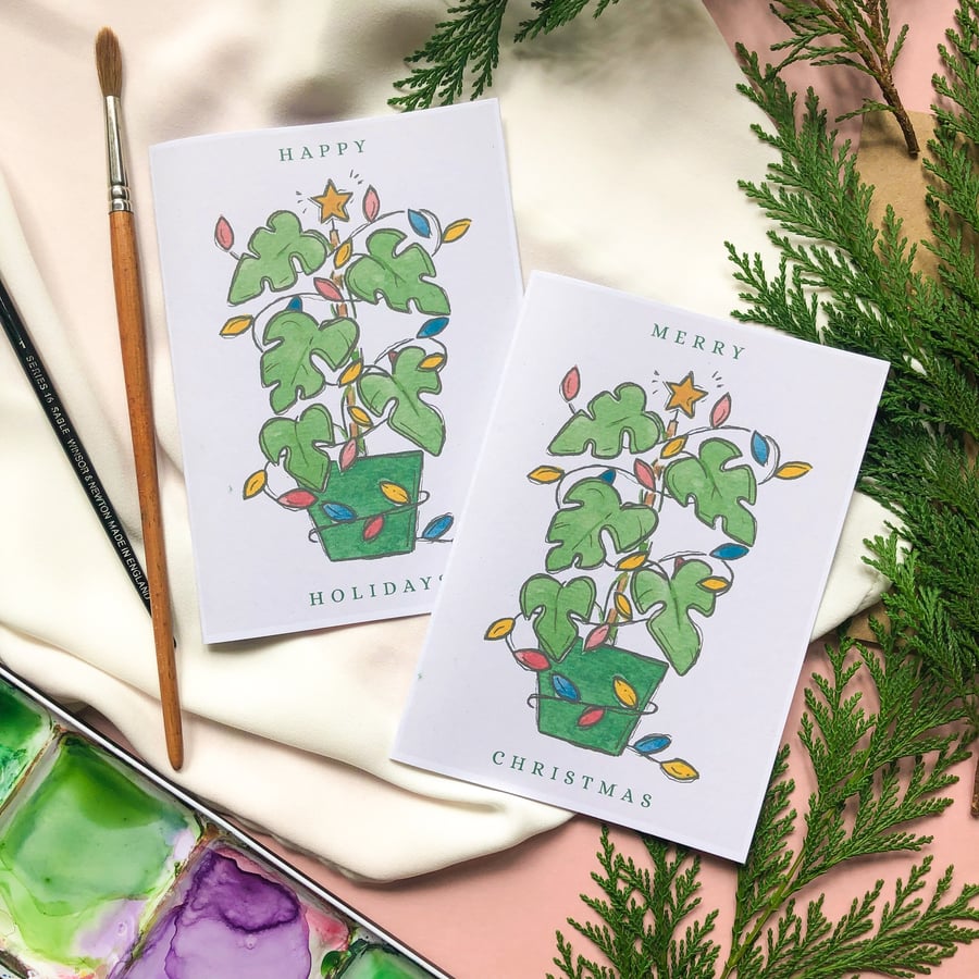 Monstera Christmas Card, House Plants Christmas Lights Card Multipack