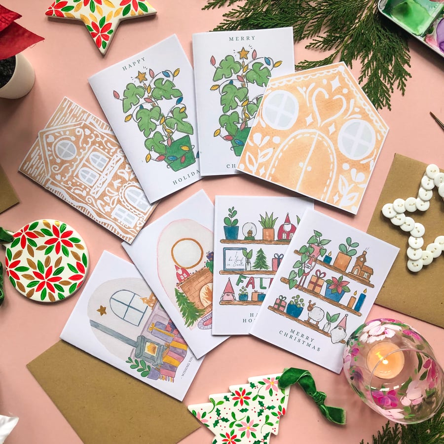 Cosy Christmas Pack of 8 Xmas Cards: Monstera, Elf on the Shelf, Log Burner