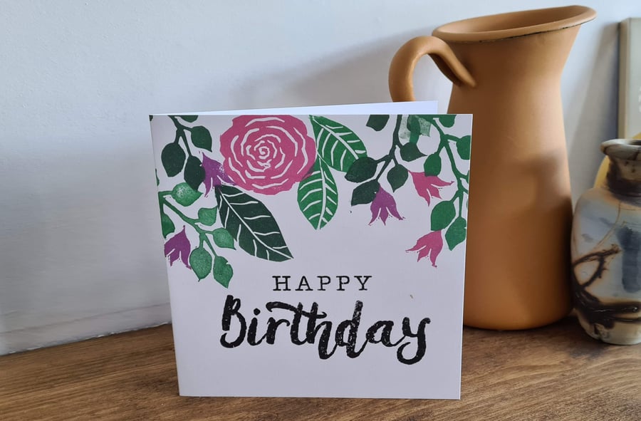 Handprinted floral birthday card