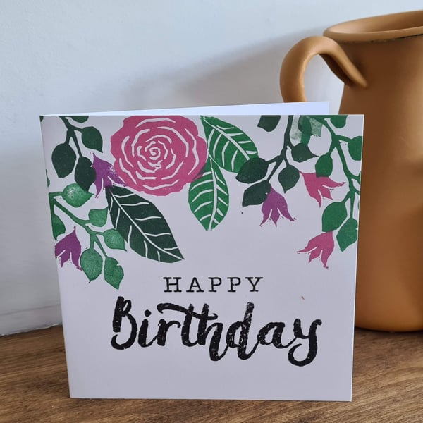 Handprinted floral birthday card