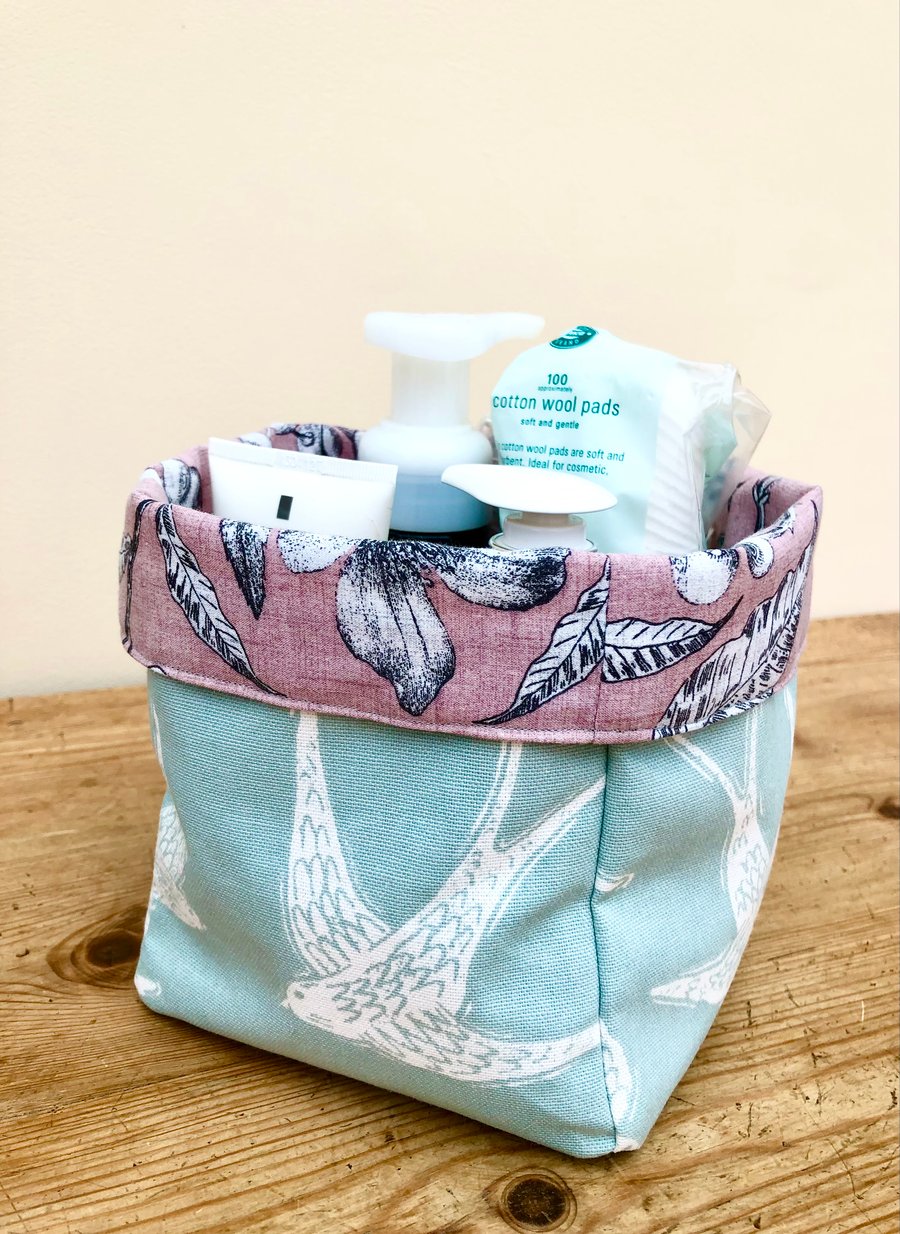 Birds and Leaves Reversible Fabric Storage Basket 